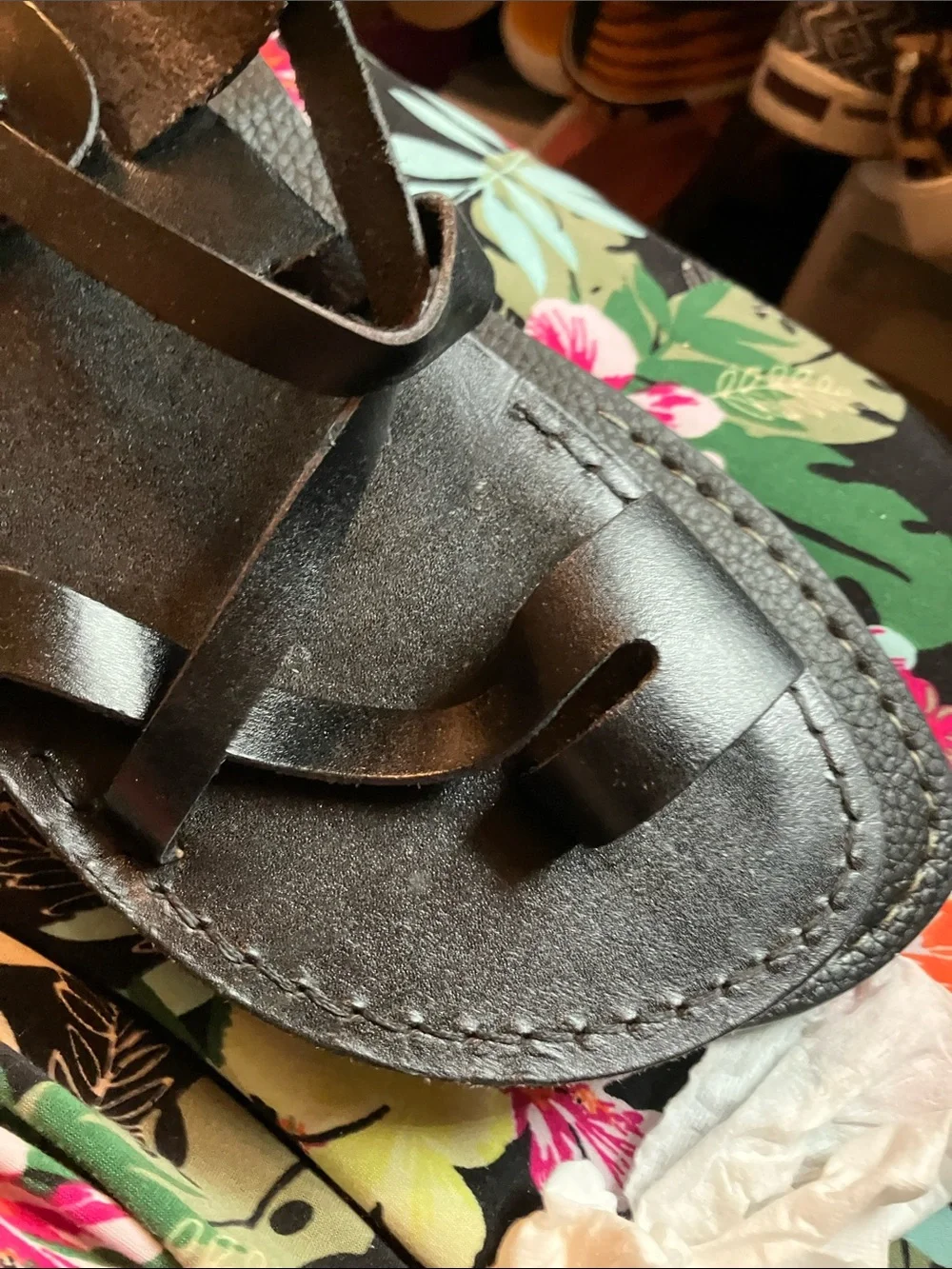 Men’s Holy Land market camel Black Leather Strappy Slide Sandals size 45